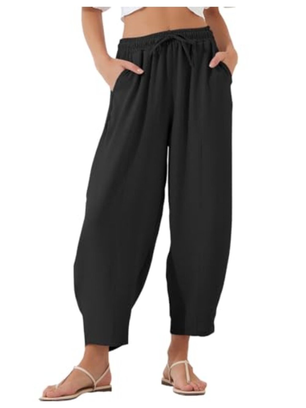 Women's Casual Elastic High Waisted Ankle Length Baggy Pants with Pockets